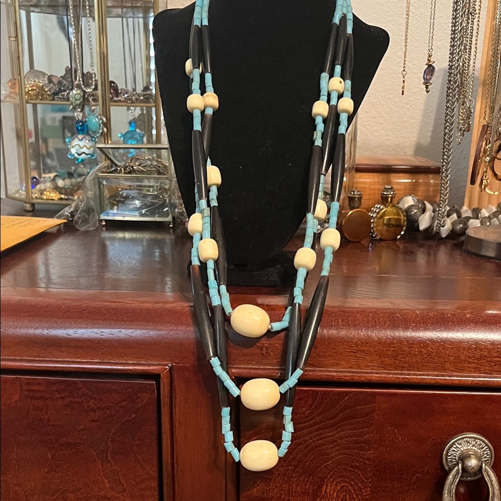 Turquoise and Cream Multi-Strand Beaded Necklace - Women Jewelry